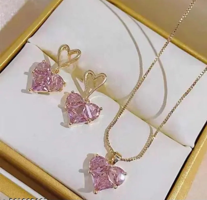 Floral fusion pink heart pendeant and earring combo set