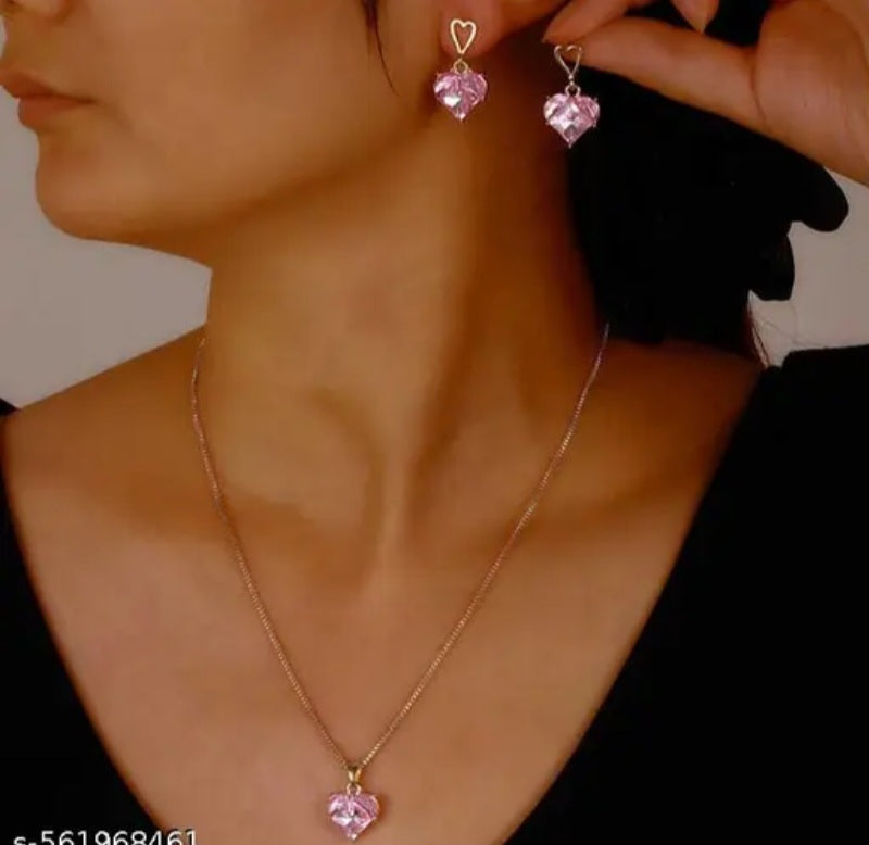 Floral fusion pink heart pendeant and earring combo set